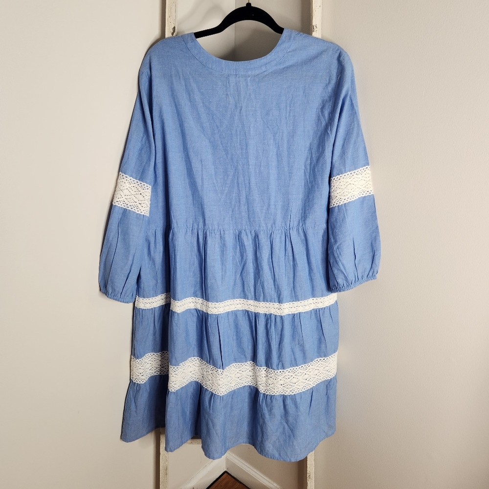 Linda Anderson NWT womens Large crochet lace detail tiered chambray dress - Picture 5 of 6